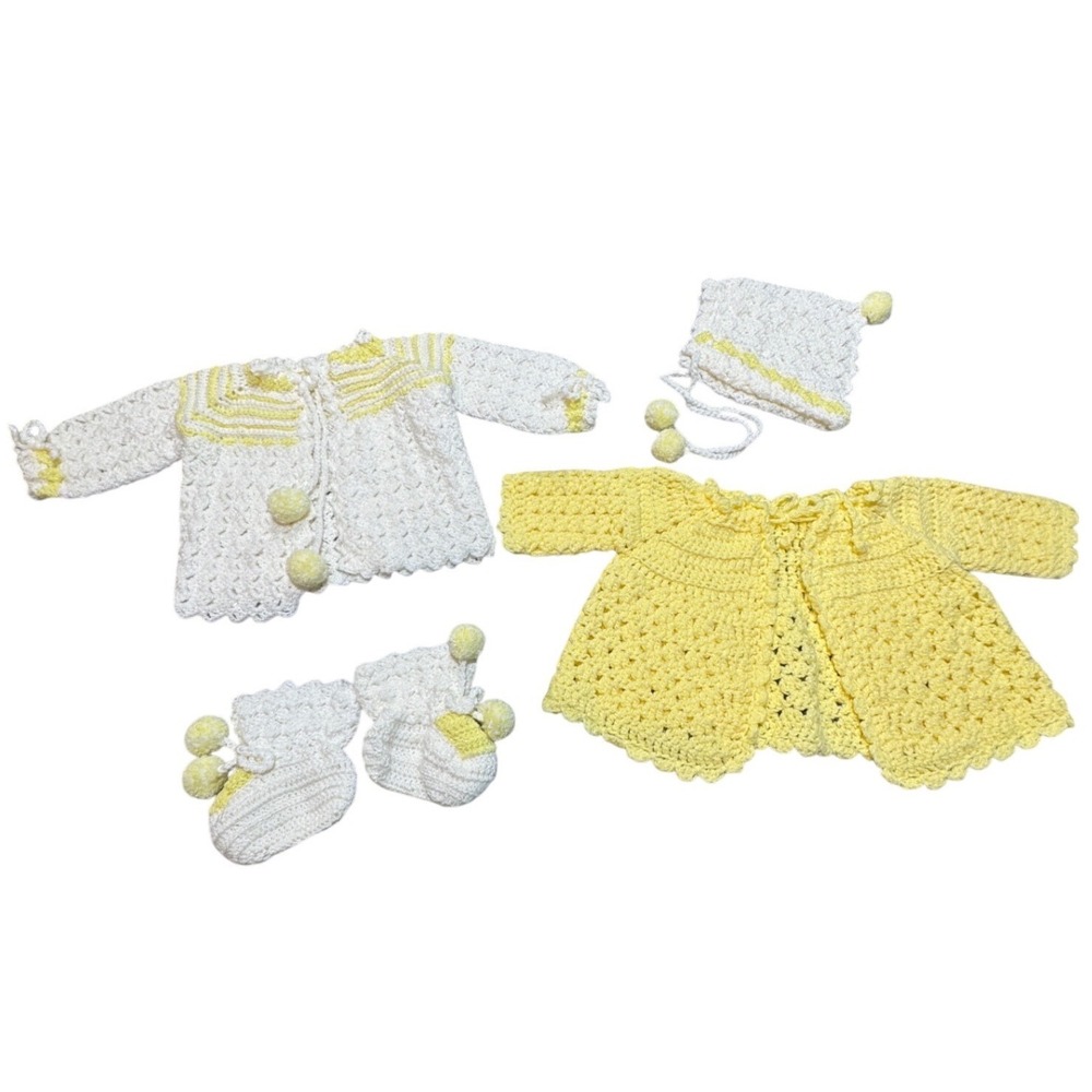 Vintage Handmade Crochet Baby Cardigan Set Kids 0 6M Yellow White Pom Pom